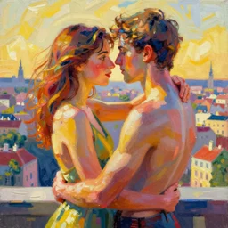 Body art. a young couple is embracing in a passionate embrace as they look out over a beautiful cityscape. The colors are very vibrant and the overall mood is very romantic. goldenrod by Lise Deharme, by Simon Stalenhag offhand, ordered