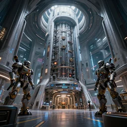 headquarters for a billionaire space pirate, zaha hadid, interior, inspired by a nuclear reactor and maschinen krieger, ilm, beeple, doom eternal, distopian scifi, sharp tech panel, rendered in unreal engine 5, high detail, dof