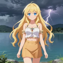 a very beautiful anime cute girl, full body, long wavy blond hair, sky blue eyes, full round face, short smile, fancy top, miniskirt, front view, summer lake setting, storm weather, cinematic lightning, medium shot, mid-shot, highly detailed, cinematic wallpaper by Stanley Artgerm Lau