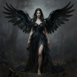 goddess of crows. full body portrait. sinister atmospheric lighting. highly detailed painting by greg rutkowski.