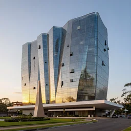 hotel in iguazu metal and glass, by frank lloyd wright frank gehry, sunset