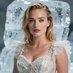 margot robbie wearing a risque outfit made from ice, half body portrait, greg kutkowski, sharp details, soft lighting, subsurface scattering, pearls of sweat, glistening skin, warm lighting