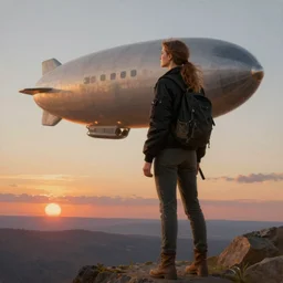 tall aviator girl in black bomber jacket and adventurer holding hands looking out of a flying zeppelin!!!!! during sunset, cinematic, photorealistic, ultrarealistic, textured, painting by artgerm and greg rutkowski artstation