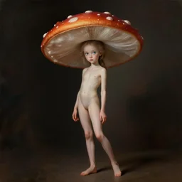 Portrait of a thin girl in full height, elegant pose, a huge toadstool hat on her head, large eyes without a pupil