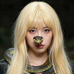 A snake wearing a blonde wig, slimy snake, photo