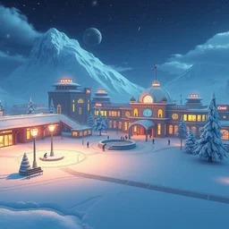 a wholesome animation key shot of a sci - fi city plaza and park on an snowy ice planet by studio ghibli, animation, sharp, rendered in unreal engine 5, focused, anime key art by greg hildebrant, bloom, dramatic lighting