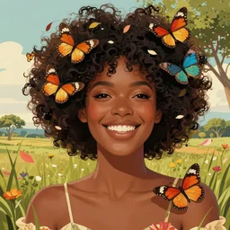 portrait of a smiling beautiful black woman who looks like nia long with curly afro surrounded by various butterflies as flower petals fall with lush savannah in the background by argerm and by alphonse mucha, face by wlop, full color digital illustration trending on artstation, octane render