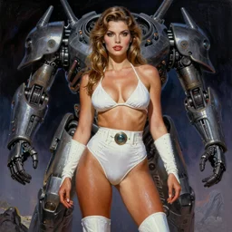 A mixed media portrait painting of a very beautiful light-brown-hair woman on an alien planet, very curvy, aesthetic! starship-troopers, high-waisted white-bikini-armor and boots, aesthetic symmetrical face and eyes, model, wet, pacific-rim-mech in background, by Frank Frazetta, Boris Vallejo, Beeple, Greg Rutkowski, Christian MacNevin, eighties pinup style, goddess, bombshell, epic fantasy character art, high fantasy, CGsociety, exquisite detail, post-processing, masterpiece, cinematic