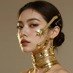 portrait of a beautiful futuristic woman layered with high-tech jewelry wrapping around her face and head, golden light