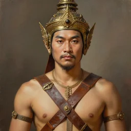 smart ramkhamheang, closeup portrait, without beard and mustache, historical hero, ethnic group, tai costume, thai transitional bronze headdress, intricate, with leather armor cross on bare chest, elegant, loin cloth, highly detailed, oil painting, artstation, concept art, matte, sharp focus, illustration, hearthstone, art by earl norem