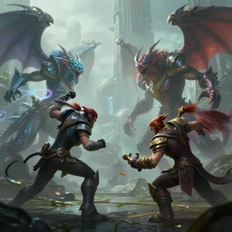 hyperrealism fantasy creatures fight scene with characters from league of legends portrait, digital art, wallpaper of an fantasy fight, background of sci fi city in fog, diffused lighting, extremely detailed, 8 k, sharp, trending dop hdr, glass detailed