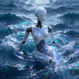 elegant smooth female droid bathing in ocean waves of glossy liquid stardust flowing like psychedelic plasma, lsd waves, lsd ripples, backlit, dramatic, refracted lighting, art nouveau, ghost in the shell