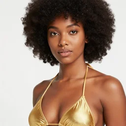 close up of head of a black woman with afro in a gold bikini, cyberpunk art by bruce onobrakpeya afrofuturism, futuristic, y 2 k aesthetic, official vogue editorial