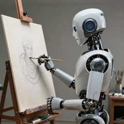 a robot painter standing at his easel with paintbrush, illustrated by h r giger, ultradetailed, hyperrealistic, octane render, 8 k, artstation, art germ, wlop