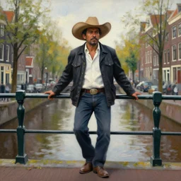 a Mexican man on a bridge in Amsterdam like a realist painting