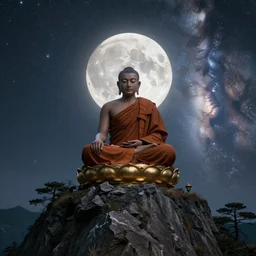 high definition render of a monk on top of a mountain, full moon, milky way, galaxy, buddhism, 8 k, symbolic, intricate, detailed, raytracing, cinematic