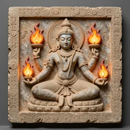 decorative stone panel depicting shiva holding all the fires of light. Hindu artifact by Pacal Votan. 4K high quality museum collection photograph