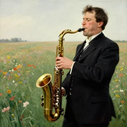 blowing saxophone gun on flowery fields by james ensor