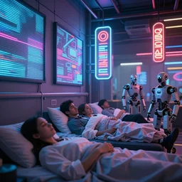 futuristic neon signs in a scene of ( a crowd of people ) waking up, ( robot cyborgs ), ( ( led panel screens and projections ) ), ( ultra realistic ), dynamic lighting, octane render, ( ( vertical led lighting ) )