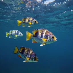 An aesthetically pleasing, dynamic, energetic, lively, well-designed digital art of fish in the ocean viewed from underwater, nature cinematography, light and shadow, chiaroscuro, by Claude Monet and Vincent Van Gogh, superior quality, masterpiece, excellent use of negative space. 8K, superior detail, widescreen.