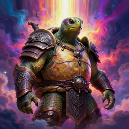 anthropomorphic turtle warrior, [ palate ] [ vibrant gothic colors ], vibrant neon nebulous clouds, radiant light rays, photorealistic painting, intricate and fine details, volumetric lighting, artstation, octane render, unreal engine