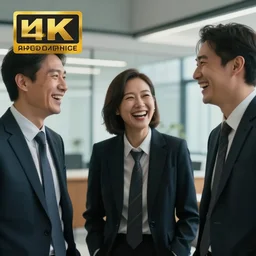 stock photo of three people laughing wearing suits and ties in an office building, 8k resolution, full HD, cinematic lighting, award winning, anatomically correct
