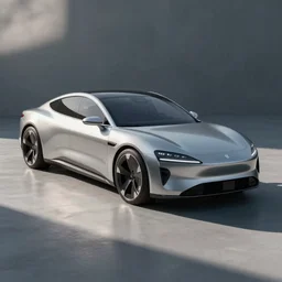 a futuristic minimal silver sports car sedan designed by Apple, Jonny I’ve and Steve Jobs.