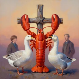 painting of cross between lobster & goose, combination animal, intercrossed animal, by corine perier, by ellen jewett, by ronald ong, by arne olav gurvin fredriksen cold hue's, warm tone gradient background, beautiful composition, digital painting