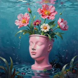 Michael Hutter, award winning masterpiece with incredible details, Michael Hutter, a surreal vaporwave vaporwave vaporwave vaporwave vaporwave painting by Michael Hutter of an old pink mannequin head with flowers growing out, sinking underwater, highly detailed Michael Hutter