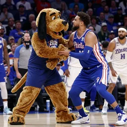 ben simmons being terrorized by the philadelphia 7 6 ers mascot, franklin the dog