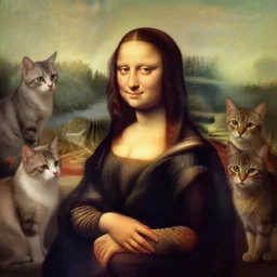 beautiful portrait of a woman surrounded by ordinary house cats, negative no no no no no!!!!!!!!!!!!!!!!!!! not!!!!!!!!!!!!!!!!!! mona lisa pose, intricate, elegant, highly detailed, digital painting, artstation, concept art, smooth, sharp focus, illustration, drawn by frank frazetta