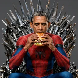 barrack obama as spiderman, sitting on the iron throne, eating a burger, photorealistic, detailed facial portrait