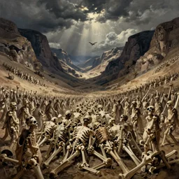 prophecy, Ezekiel, the middle of a valley; it was full of bones,  bones that were very dry, there was a noise, a rattling sound, and the bones came together, bone to bone , I looked, and tendons and flesh appeared on them and skin covered them, but there was no breath in them and breath entered them, they came to life and stood up on their feet a vast army amazing concept painting by Jessica Rossier and HR giger and Beksinski