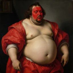 a painting of a morbidly obese man with a red painted face wearing red clothing by Agnolo Bronzino