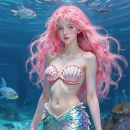 impressionistic portrait of a pink haired mermaid wearing a shell bra in a public aquarium in the style of john william waterhouse, Okinawa Churaumi Aquarium