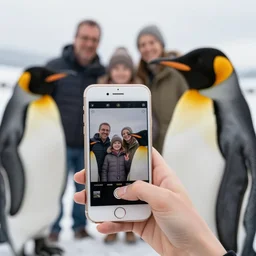 a penguin is holding a iphone, taking picture of a family