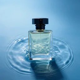 perfume bottle surrounded cool blue ripples in water