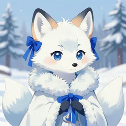 a cute anthropomorphic arctic fox girl anthro wearing indigo ribbons and a fluffy robe, winter park background, very anime!!! kawaii!! furry!! intricate details, aesthetically complementary colors, scenic background, art by rising artists with a radically new style. trending on artstation, top rated on pixiv and furaffinity