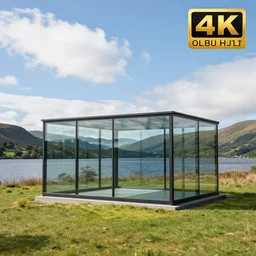 glass house minimalist landscape photography, lake district, summer, sunny, clouds, beautiful, 4 k, hd, award winning, professional