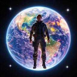 enormously detailed hd photo art of a man just landed on future glowing colorful planet in the style of Greg Rutswoski, stars shining around, concept art, 8K detail post-processing
