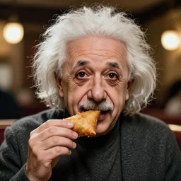 A photo of Albert Einstein eating Samosa, highly detailed, trending on artstation, bokeh, 90mm, f/1.4