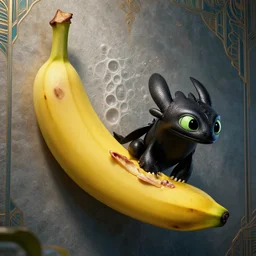 by chet zar and alexander jansson, visually stunning, cinematic, ultra realistic, hyper realism, 1 2 k, epic, octane render, unreal engine, vfx, maya, art deco flowerpunk : a banana on a wall, toothless from how to train your dragon : silica cell wall of a diatom ( unicellular alga ) at 3, 0 0 0 x magnification