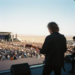 tight shot analog photograph led zeppelin performing with a crowd in a stage in the atacama desert by byanka zhuravleva and ary scheffer. kodak portra film!!. whirl bokeh!. mamiya 7. highly detailed. hq. photoreal. golden hour. in - frame