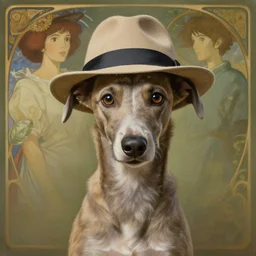 cute whippet puppy wearing a trilby hat, natural lighting, path traced, highly detailed, high quality, digital painting, by don bluth and ross tran and studio ghibli and alphonse mucha, artgerm