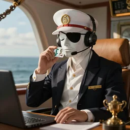 a ship captain working as a customer service rep, white beard, eye patch, wearing a headset, saying 5 pound in real life, sigma 8 5 mm f / 1. 4