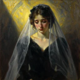 detailed oil painting of sad bride in black under the god ray, art by artgerm and greg rutkowski and alphonse mucha
