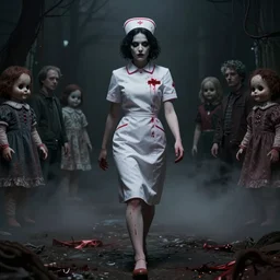 an evil woman in a nurse uniform. blood stains. creepy dolls head with black button eyes walking towards the camera. silent hill. mist, silk, teeth. by zdzisław beksinski, dariusz zawadzki, mariusz lewandowski, tom bagshaw, aeron alfrey, bernie wrightson, daarkenm, boris groh,