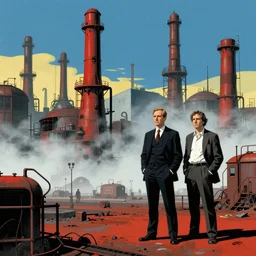detailed ultra - realistic graphic novel illustration of a dystopian industrial scene by edward hopper and gregory crewdson, cinematic, primary colors, cinematic fog, full shot, george adult, carel willink, mc escher, norman rockwell