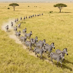 polychromatical zebras running in the savanah, view from the sky forming a stampede running north, realistic