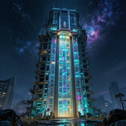 a beautiful detailed highly detailed elevator urbex unfinished building building by titian, nature cosmic tron sea alien wilderness made of glass myst postcyberpunk uv light jupiter tundra galactic rain night apocalyptic biopunk thermal imaging dieselpunk, archdaily, wallpaper, highly detailed, trending on artstation.